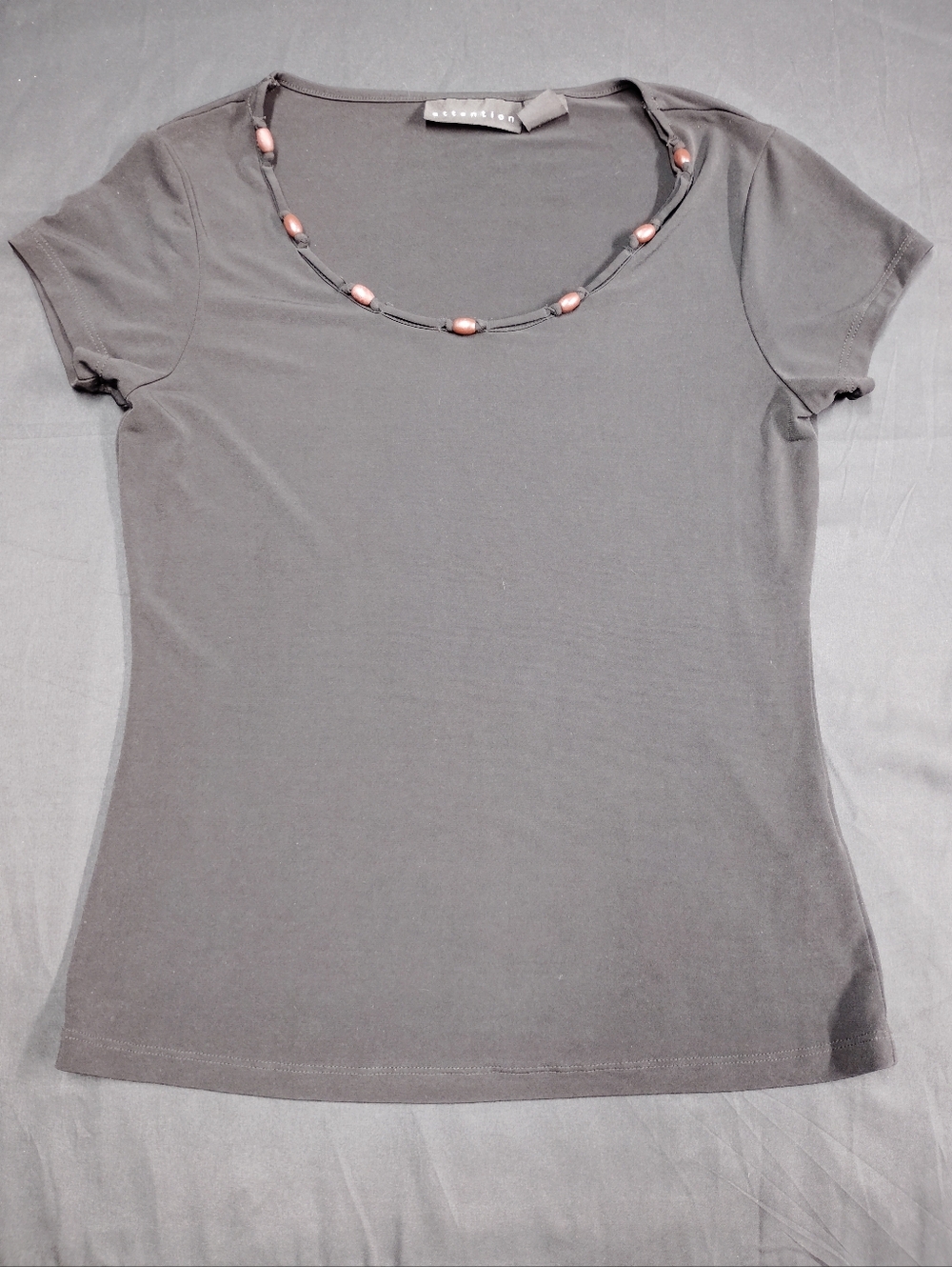 Attention Black Short Sleeve Scoop Neck Top with Brown Bead Trim